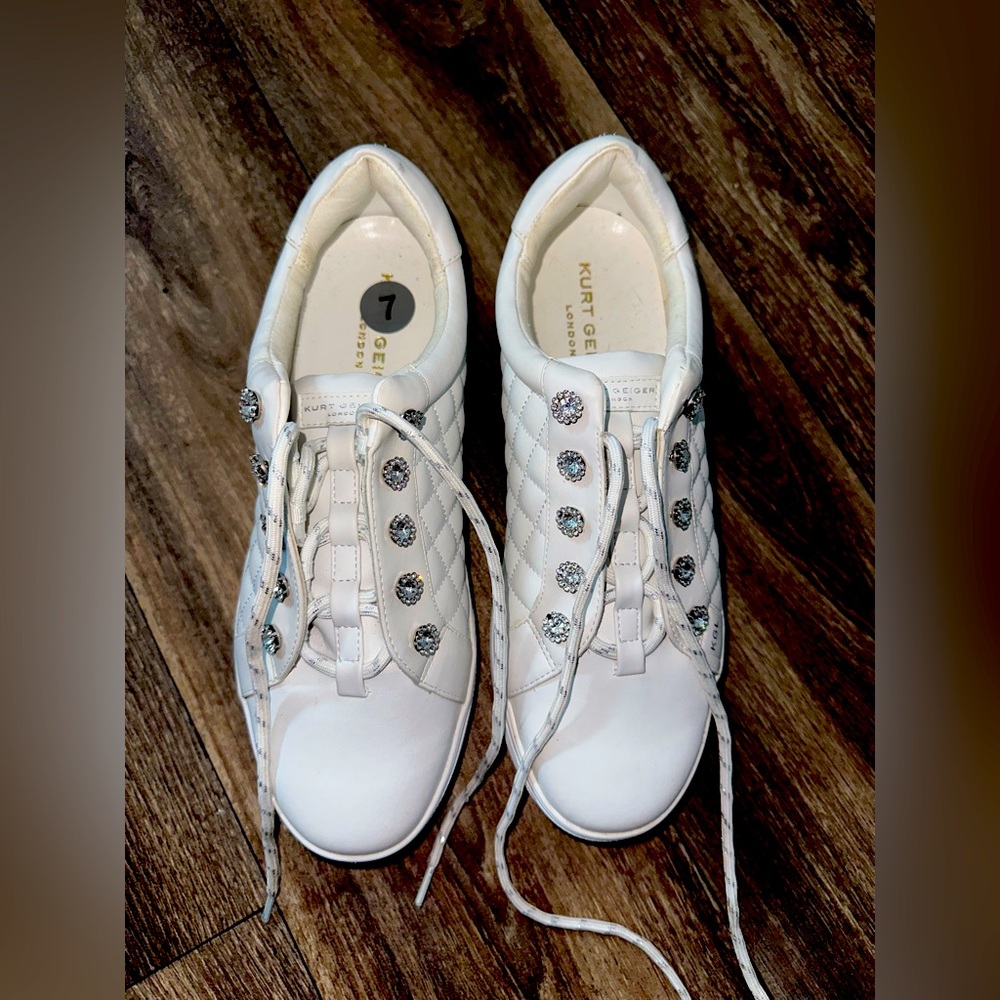 KURT GEIGER Leather Stone Embellished Lace-Up Quilted Platform Sneakers